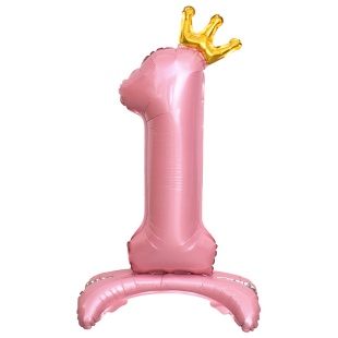 Шар (32''/81 см) Цифра на подставке, 1 Золотая корона, Розовый, 1 шт. в уп.